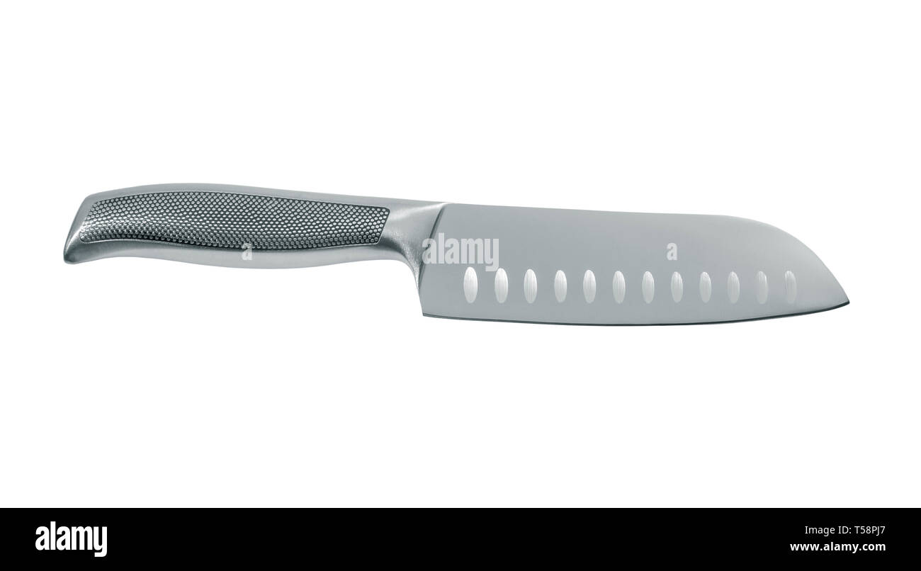 Coltello Santoku vegetali con maniglia in metallo isolato su bianco Foto Stock