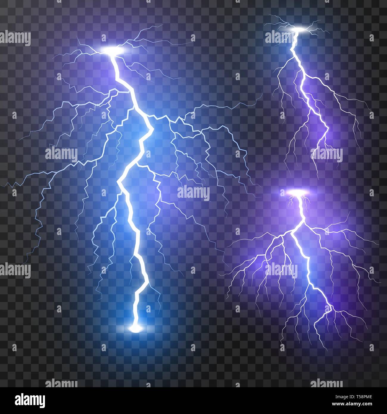 Un fulmine. Thunder storm realistico folgori set. Magia e luminose in effetti. Illustrazione di vettore isolato su sfondo trasparente Illustrazione Vettoriale