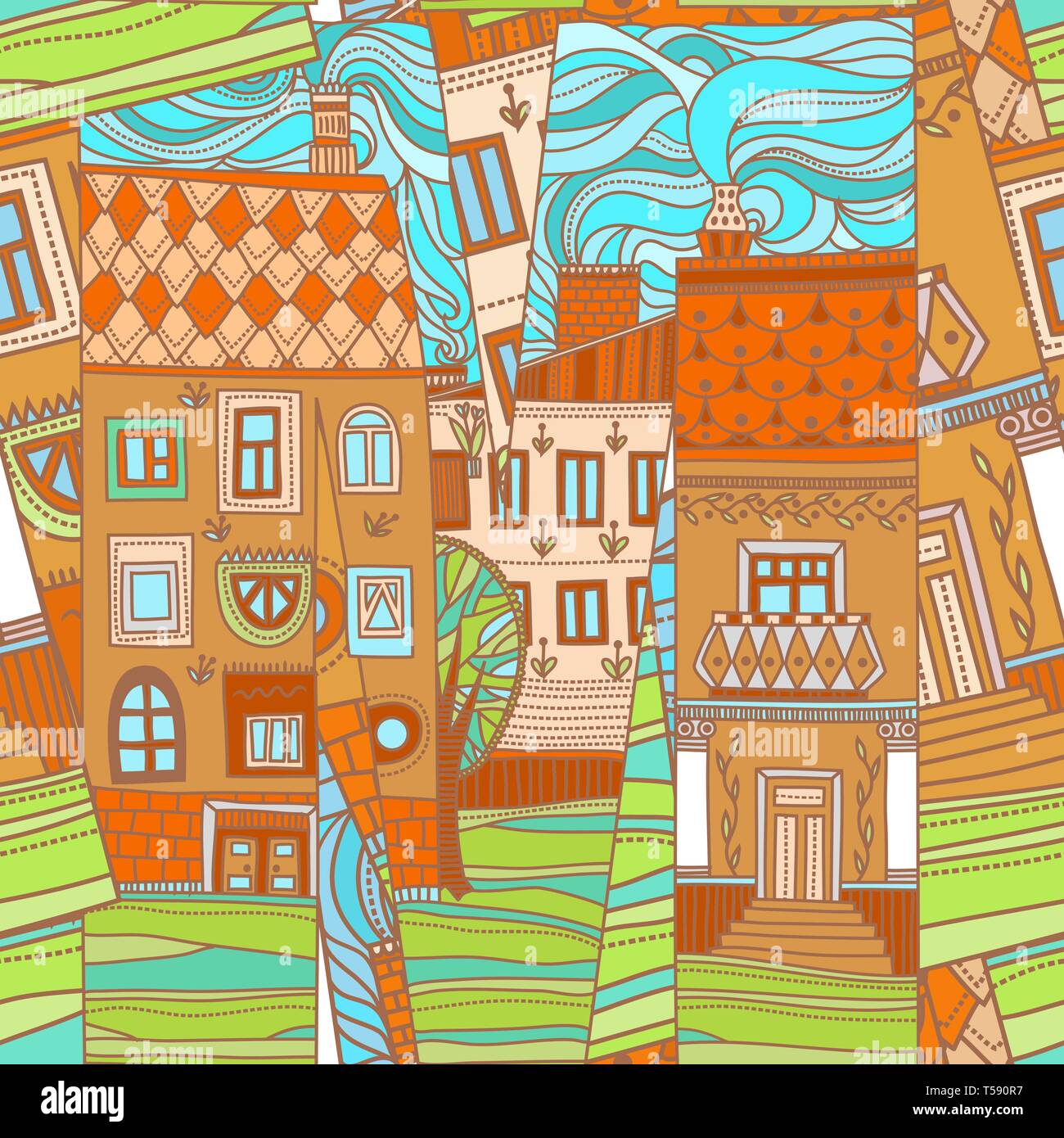 Bella disegnati a mano con pattern case astratta, street. Illustrazione Vettoriale