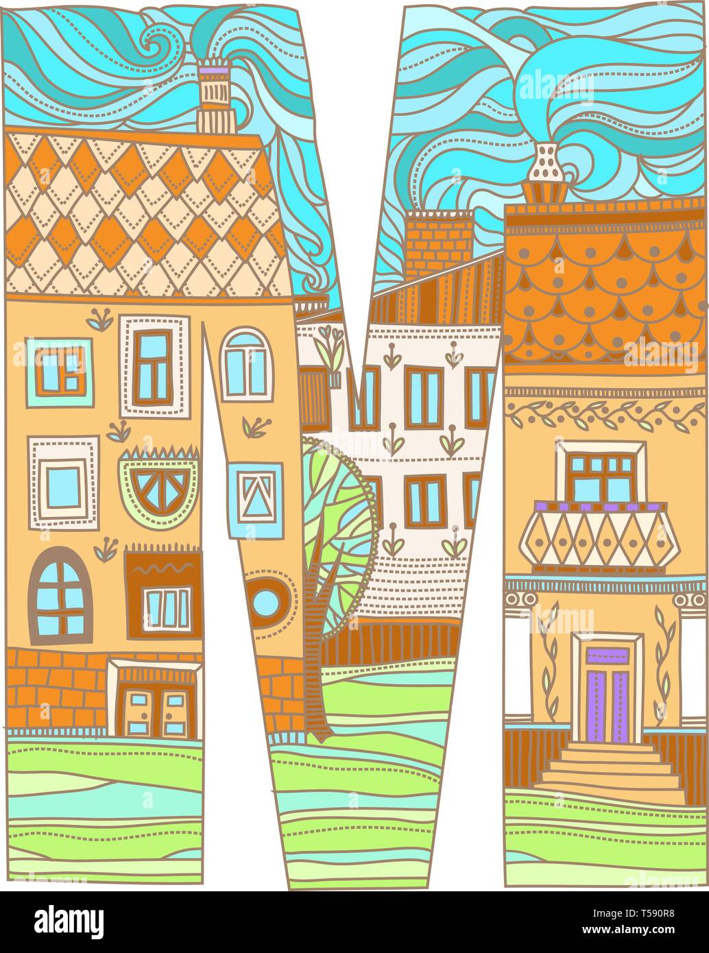 Bella lettera M lettera dell alfabeto disegnato a mano. La lettera M in cui il dipinto di case di città e strade. bella lettera nella childr Illustrazione Vettoriale