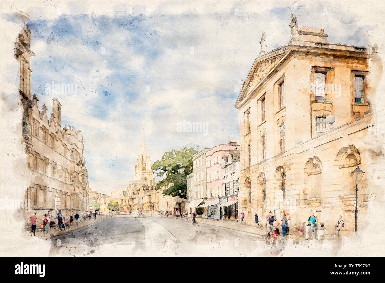 Effetto acquerello da una fotografia della città di Oxford, Oxfordshire, England, Regno Unito Foto Stock