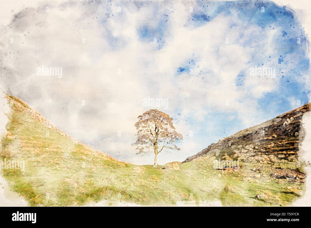 Effetto acquerello da una fotografia del Muro di Adriano da Sycamore Gap, Cumbria, England, Regno Unito Foto Stock