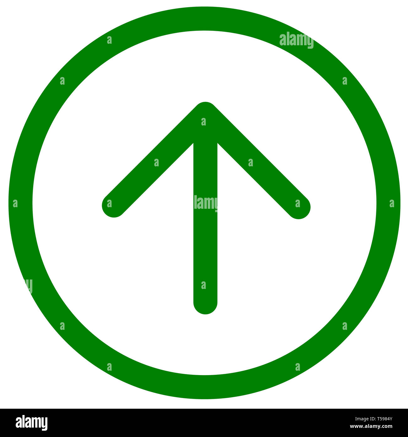 Freccia verde rivolta verso l'alto in direzione del simbolo verde. freccia direzionale icona segno. Piatta fino simbolo freccia nel Round. Semplice cerchio verde sul pulsante di forma su bianco Foto Stock