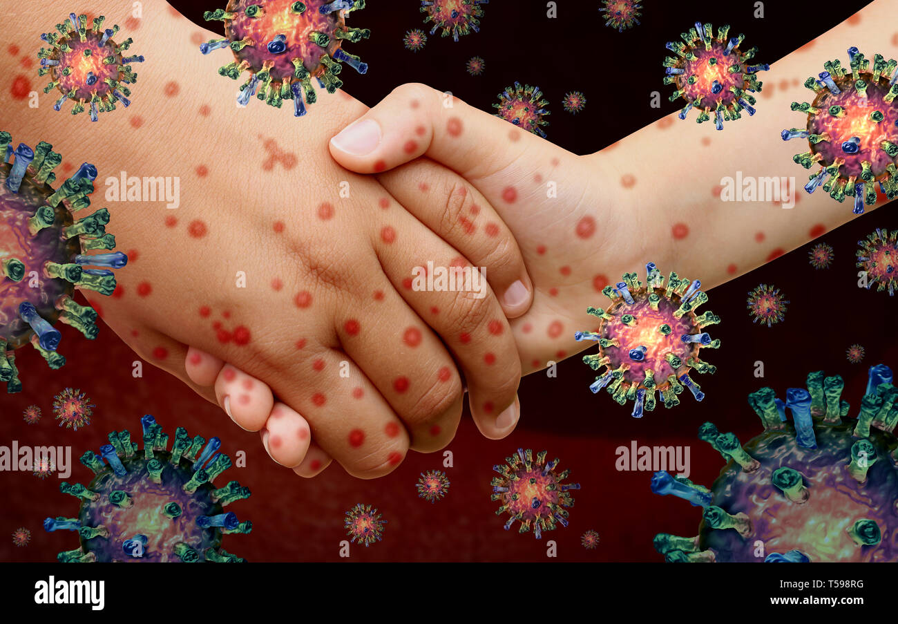 Malattie virali e morbillo e malattia o malattia di virus come una malattia contagiosa varicella o un rash cutaneo diffondendo con cellule contagiosa. Foto Stock