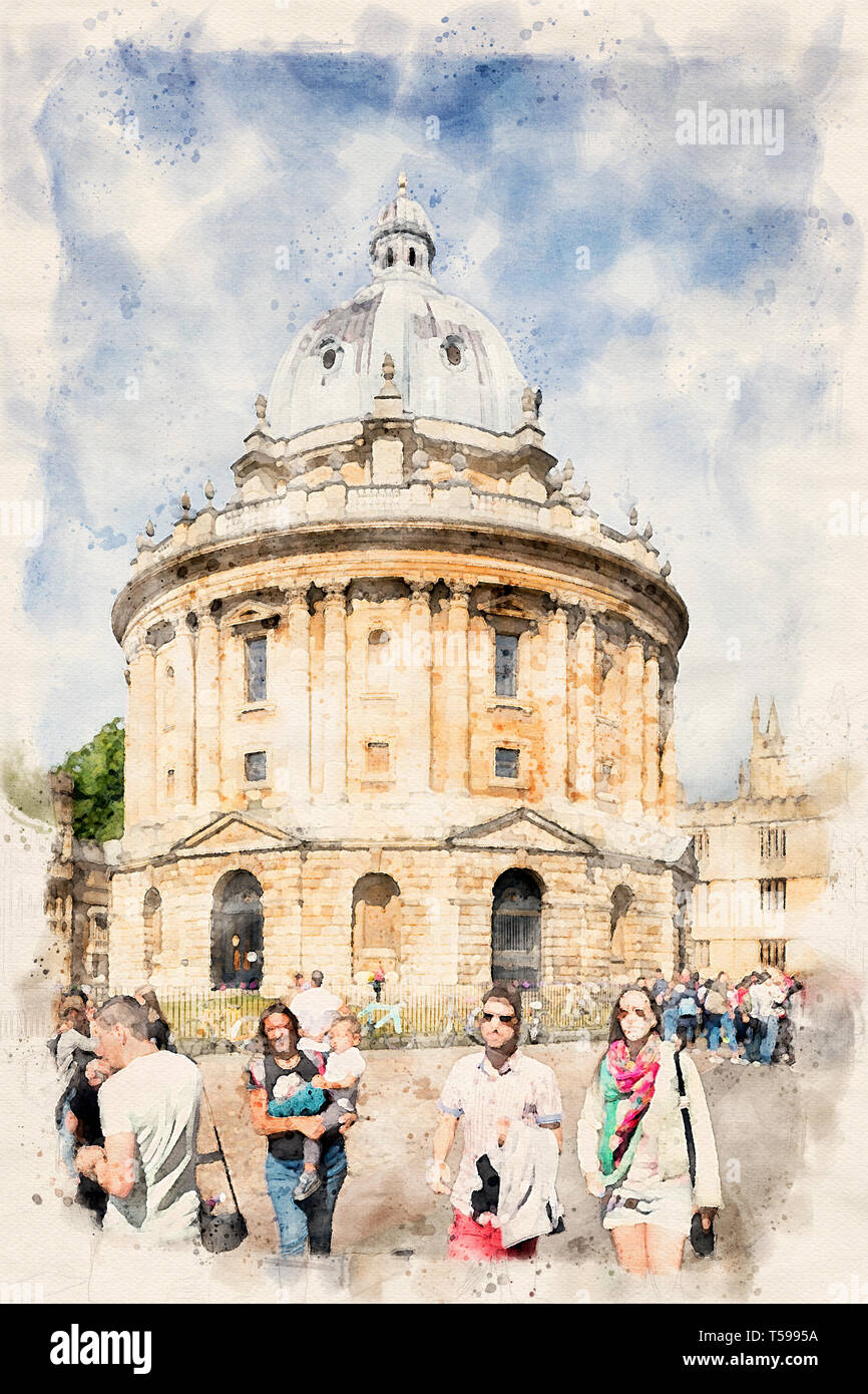 Effetto acquerello da una fotografia di Radcliffe Camera nella storica città di Oxford, Oxfordshire, England, Regno Unito Foto Stock