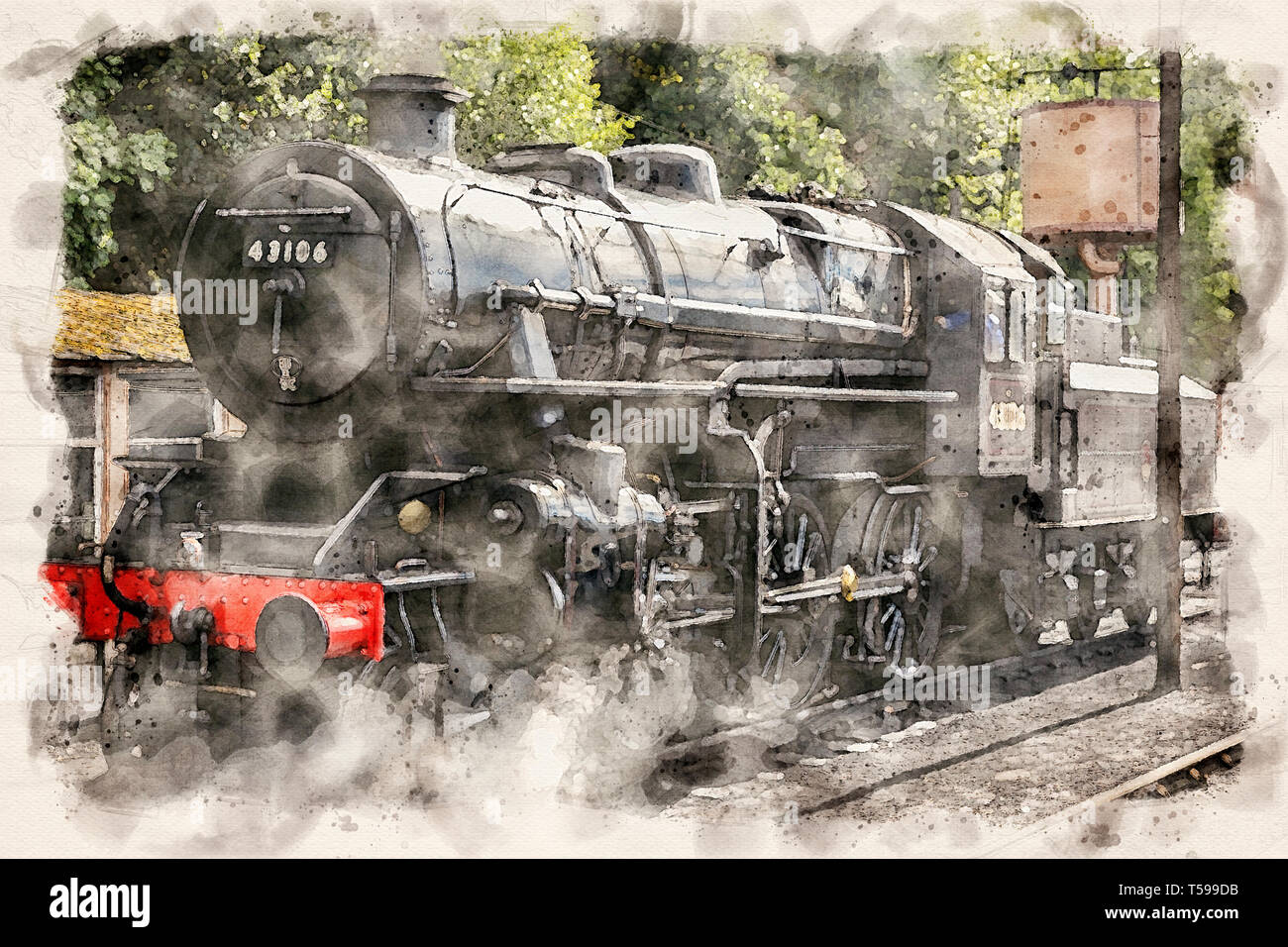 Effetto acquerello da una fotografia di un treno a vapore in Severn Valley Railway, Worcestershire, England, Regno Unito Foto Stock