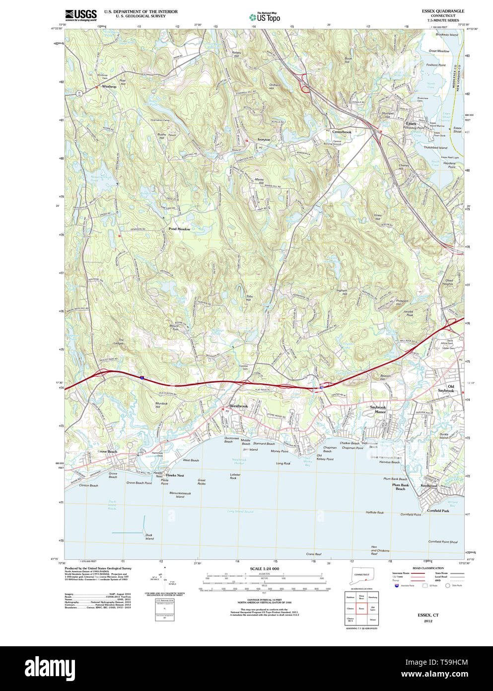 USGS TOPO Map Connecticut CT Essex 20120523 TM il restauro Foto Stock