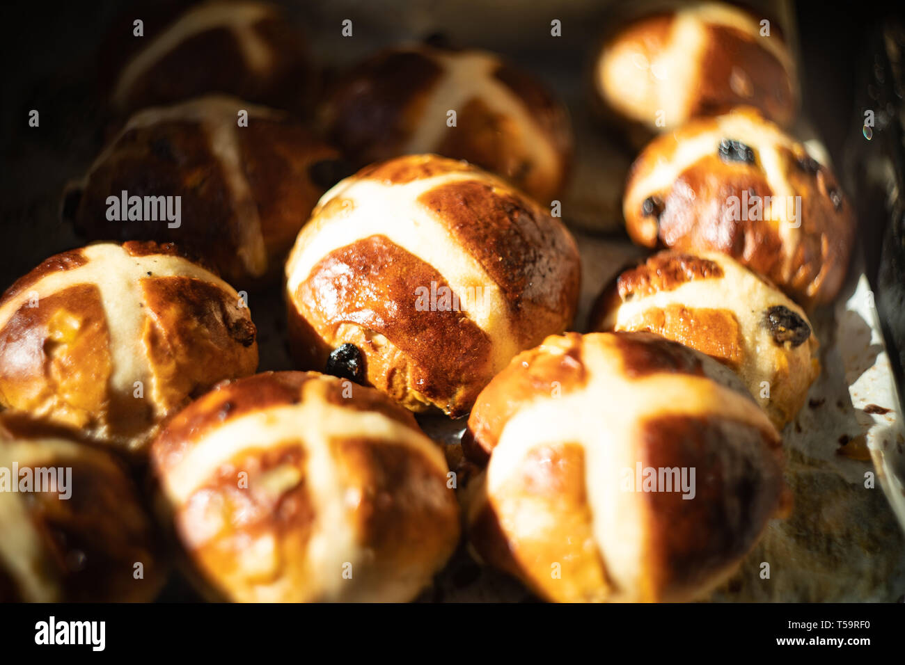 Fatta in Casa hot cross i panini su una teglia da forno, essendo rimosso dal forno Foto Stock