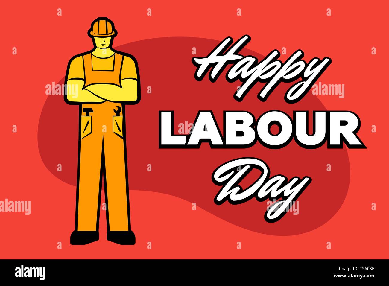 Lavoratore uomo in costruzione giallo casco e iscrizione felice Festa del lavoro. 1 maggio biglietto di auguri. Illustrazione Vettoriale per creare poster, striscioni, annuncio, promozione, Illustrazione Vettoriale