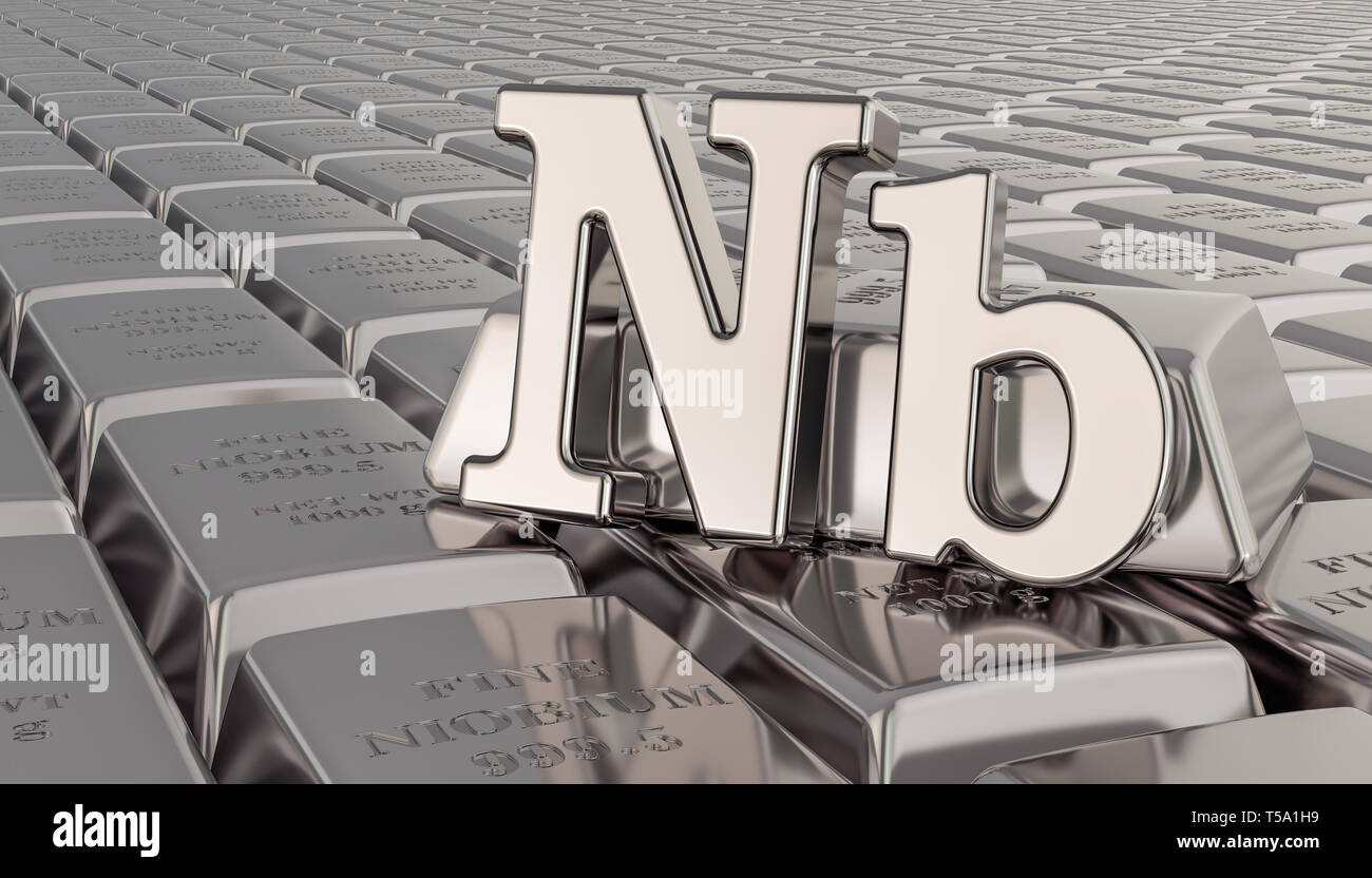 Niobio lingotti lo sfondo con il simbolo di Nb. Il rendering 3D Foto Stock