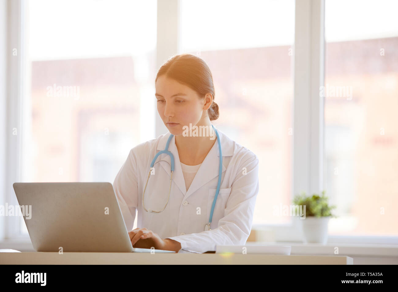 Medico che lavorava alla reception Foto Stock