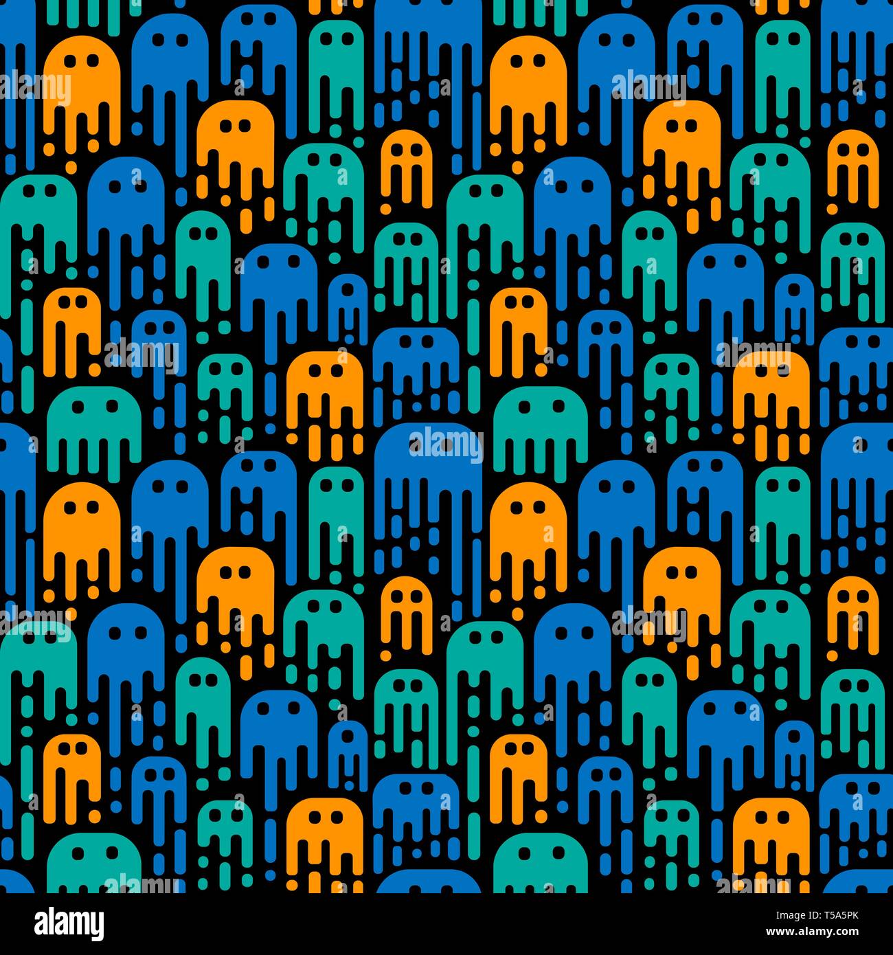 Cartoon carino fantasmi su uno sfondo nero. Vector seamless pattern. L'uso nella progettazione di Halloween o per bambini pattern. Illustrazione Vettoriale