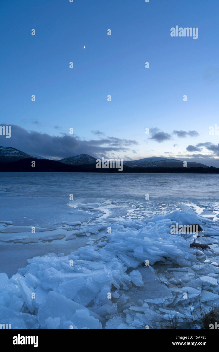 Inverno a congelata di Loch Morlich nr Aviemore Scozia, Regno Unito Foto Stock