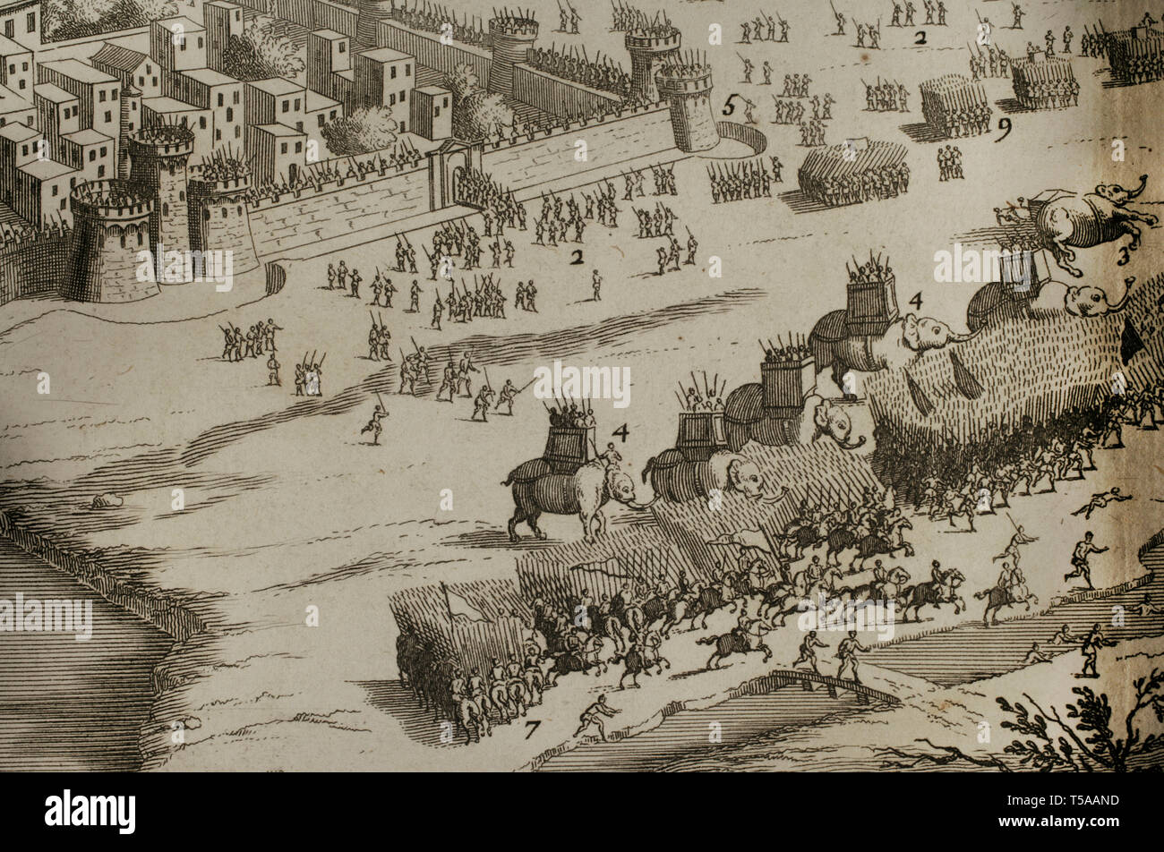 La storia da Polibio. Volume I. edizione francese tradotto dal greco da Dom Vincent Thuillier. Osservazioni della scienza militare arricchito con critica e note storiche da M. De Folard. Parigi, Chez Pierre Gandouin, Julien-Michel Gandouin, Pierre-Francois Giffart e Nicolas-Pierre Armand, 1727. La stampa da Jean-Baptiste Lamesle. "Traite de La Colonne" (Trattato della colonna). Come formare e combattere in esso. Prima Guerra Punica. La battaglia di Panormus, Sicilia, 251 BC. La vittoria romana. 7- Cavalleria sulla sinistra dell'esercito cartaginese; 9-esercito romano. Dettaglio del disegno. Foto Stock