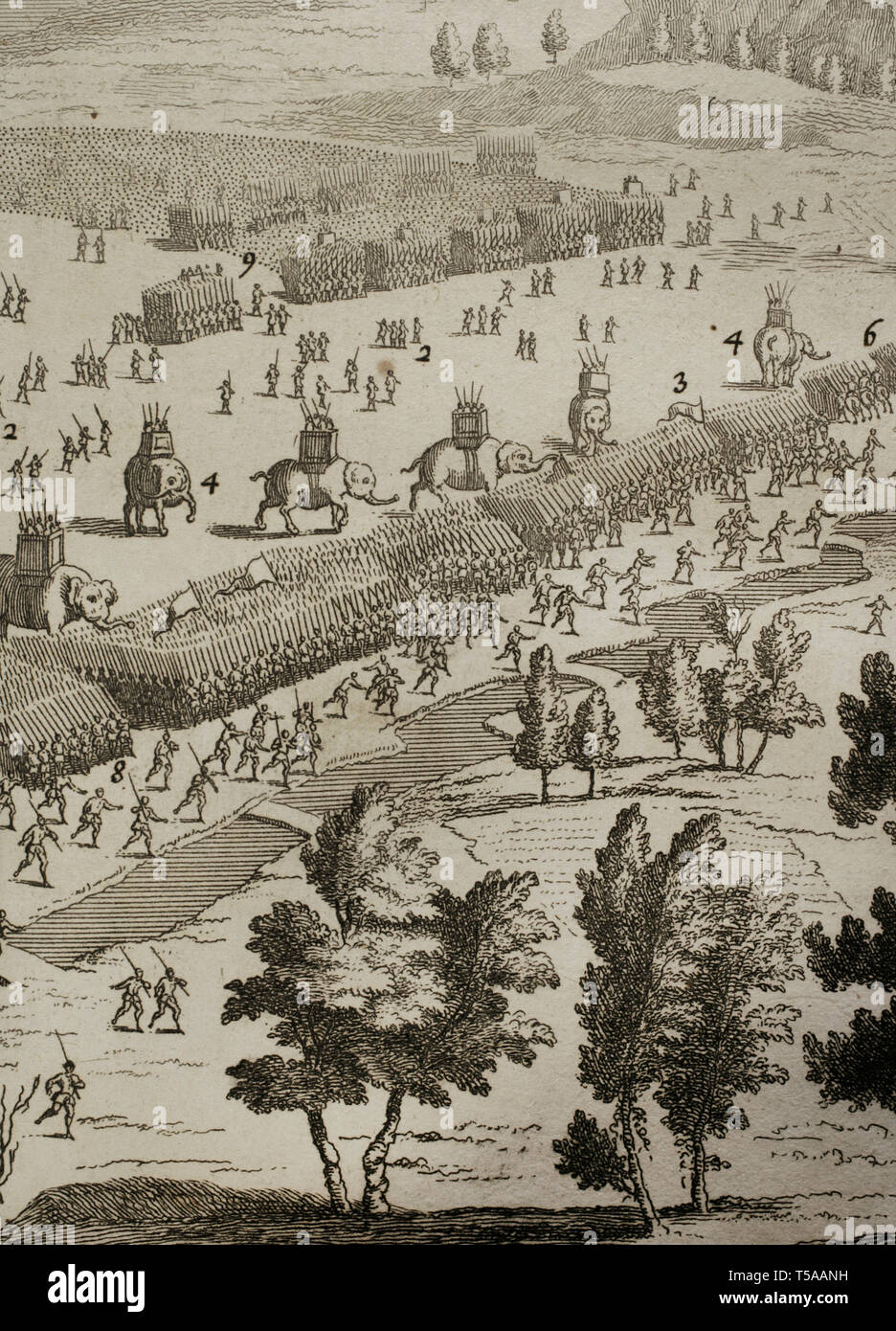 La storia da Polibio. Volume I. edizione francese tradotto dal greco da Dom Vincent Thuillier. Osservazioni della scienza militare arricchito con critica e note storiche da M. De Folard. Parigi, Chez Pierre Gandouin, Julien-Michel Gandouin, Pierre-Francois Giffart e Nicolas-Pierre Armand, 1727. La stampa da Jean-Baptiste Lamesle. "Traite de La Colonne" (Trattato della colonna). Come formare e combattere in esso. Prima Guerra Punica. La battaglia di Panormus, Sicilia, 251 BC. La vittoria romana. 6- Cavalleria sulla destra dell'esercito Carthagian; 9-esercito romano. Dettaglio del disegno. Foto Stock