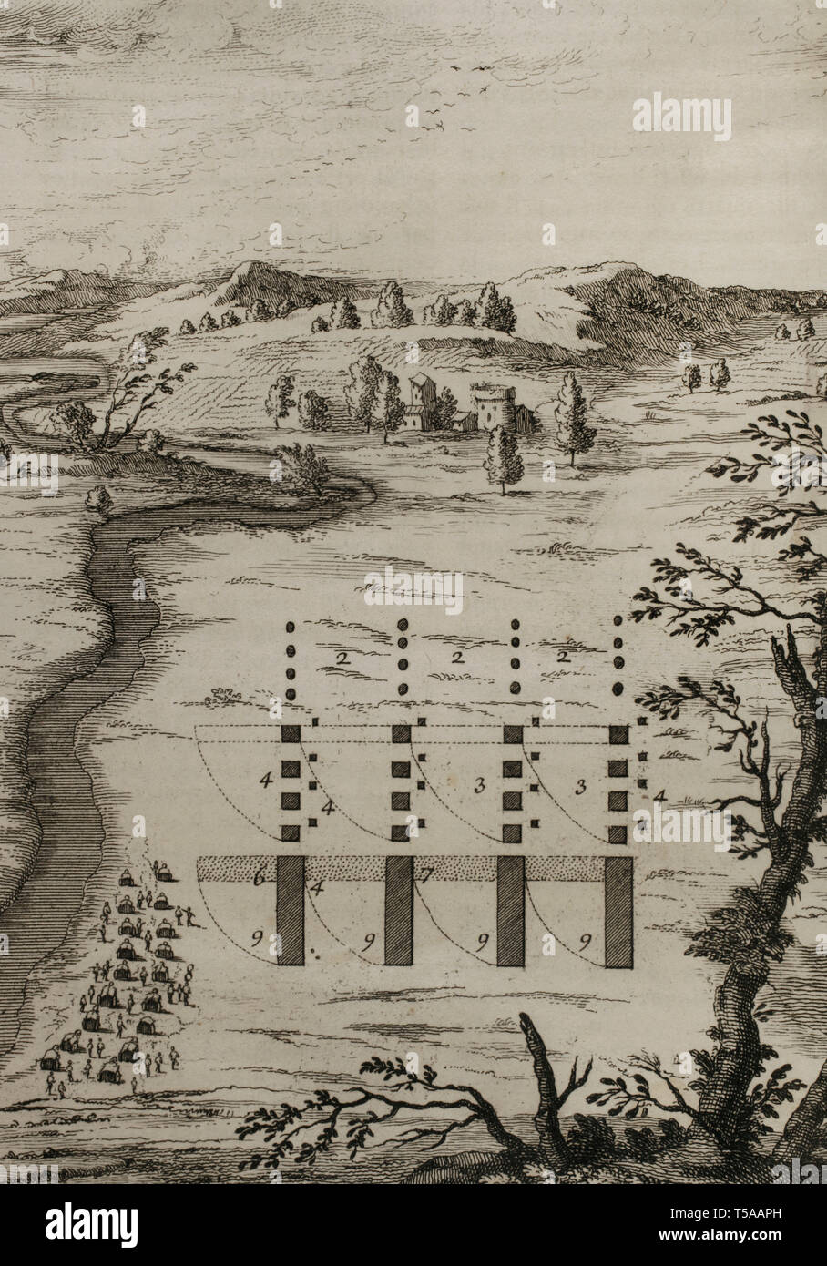 La storia da Polibio. Volume II. Edizione francese tradotto dal greco da Dom Vincent Thuillier. Osservazioni della scienza militare arricchito con critica e note storiche da M. De Folard. Parigi, Chez Pierre Gandouin, Julien-Michel Gandouin, Pierre-Francois Giffart e Nicolas-Pierre Armand, 1727. La stampa da Jean-Baptiste Lamesle. Marzo dell'esercito cartaginese, guidati dal generale cartaginese Annibale Barca (247-183 a.C.), contro il nemico. Foto Stock