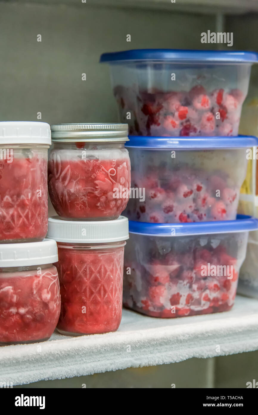 Vasi di lampone freezer marmellata e contenitori di plastica di lamponi in un congelatore verticale. Foto Stock
