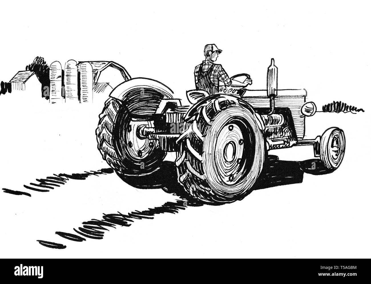 Agricoltore sul retro del trattore. L'inchiostro bianco e nero illustrazione Foto Stock
