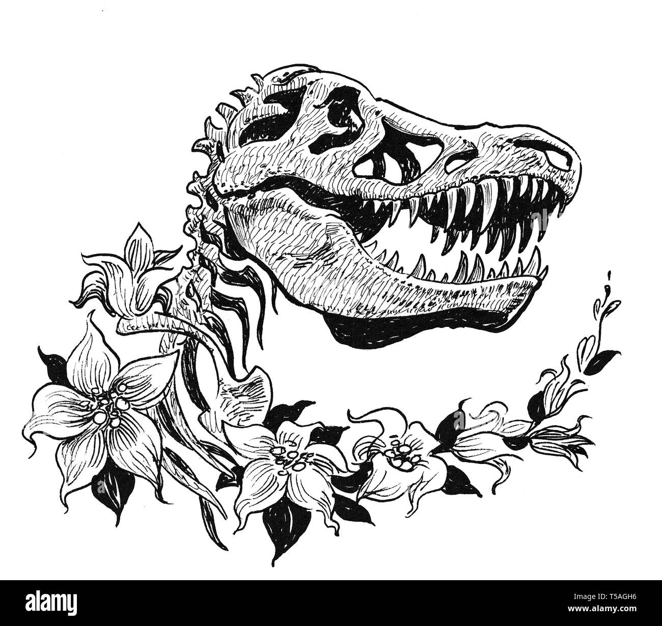 Tyrannosaurus Rex cranio e fiori. L'inchiostro bianco e nero illustrazione Foto Stock