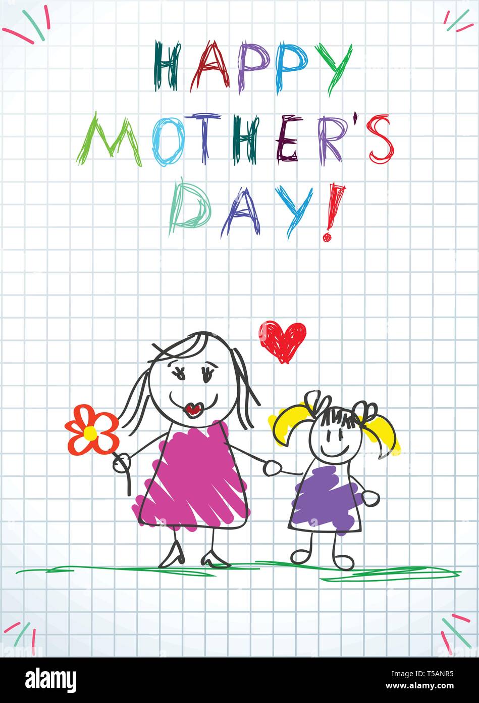 Felice giorno delle madri di bambini colorato disegni a matita di MOM con fiore e figlia tenendo le mani sul notebook quadrata sullo sfondo del foglio. Il messaggio di saluto del bambino Illustrazione Vettoriale