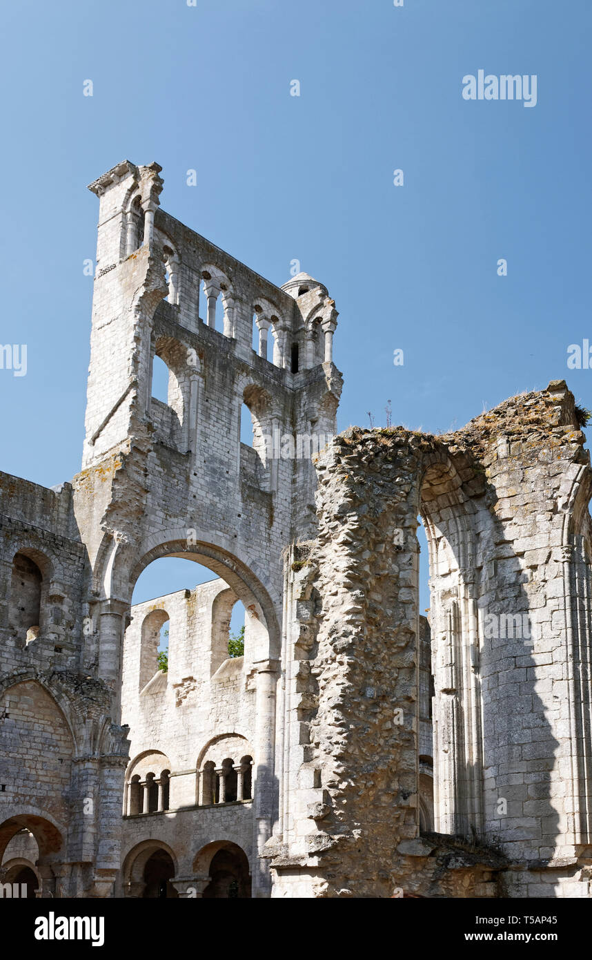 Jumieges abbazia medievale, ruderi di pietra, alta 11 secolo, romanico, ex monastero benedettino, vecchio, Normandia; Jumieges; Francia; estate, verticale Foto Stock