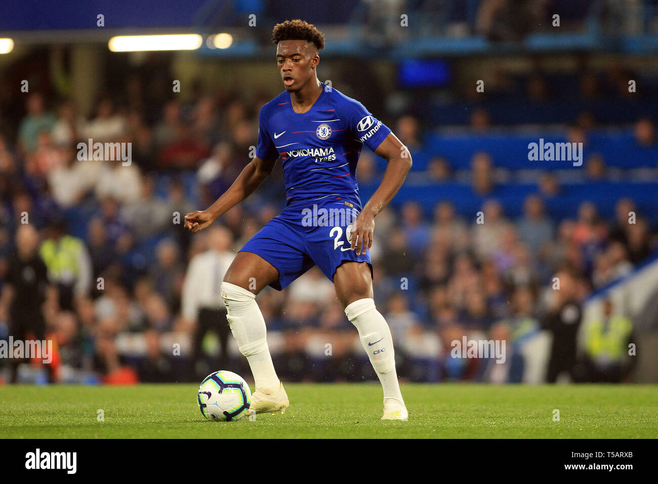 Londra, Regno Unito. 22 apr, 2019. Callum Hudson-Odoi del Chelsea in azione. Premier League, Chelsea v Burnley a Stamford Bridge a Londra lunedì 22 aprile 2019. Questa immagine può essere utilizzata solo per scopi editoriali. Solo uso editoriale, è richiesta una licenza per uso commerciale. Nessun uso in scommesse, giochi o un singolo giocatore/club/league pubblicazioni. pic da Steffan Bowen/ Credito: Andrew Orchard fotografia sportiva/Alamy Live News Foto Stock