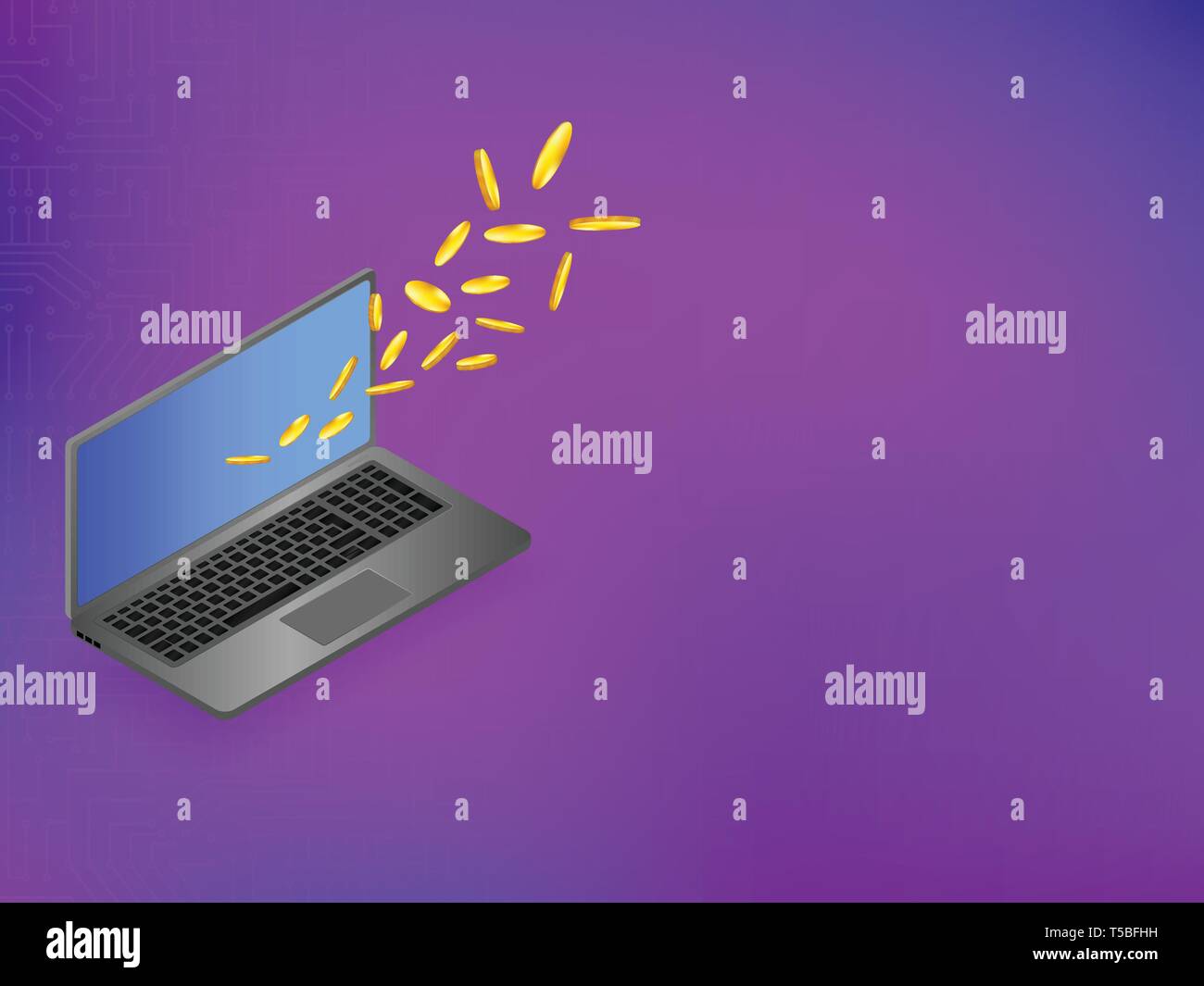 Isometrica pagamento online modello. Computer portatile con battenti monete d'oro, che simboleggiano le retribuzioni o le spese. Il concetto di business su blu, viola grad Illustrazione Vettoriale