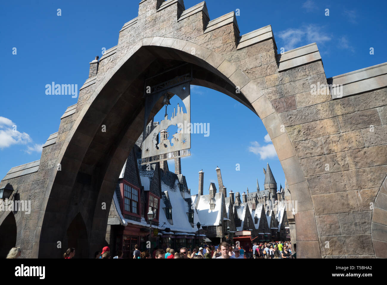 Ingresso ad arco in Mogsmead a Harry Potter Land, Universal Studios Theme Park, Orlando, Florida Foto Stock