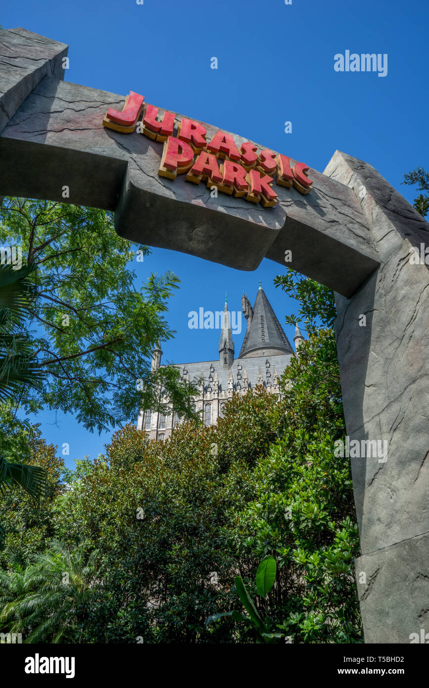 Jurassic Park attrazione nelle Isole di avventura, Universal Studios, Orlando, Florida, Stati Uniti d'America Foto Stock