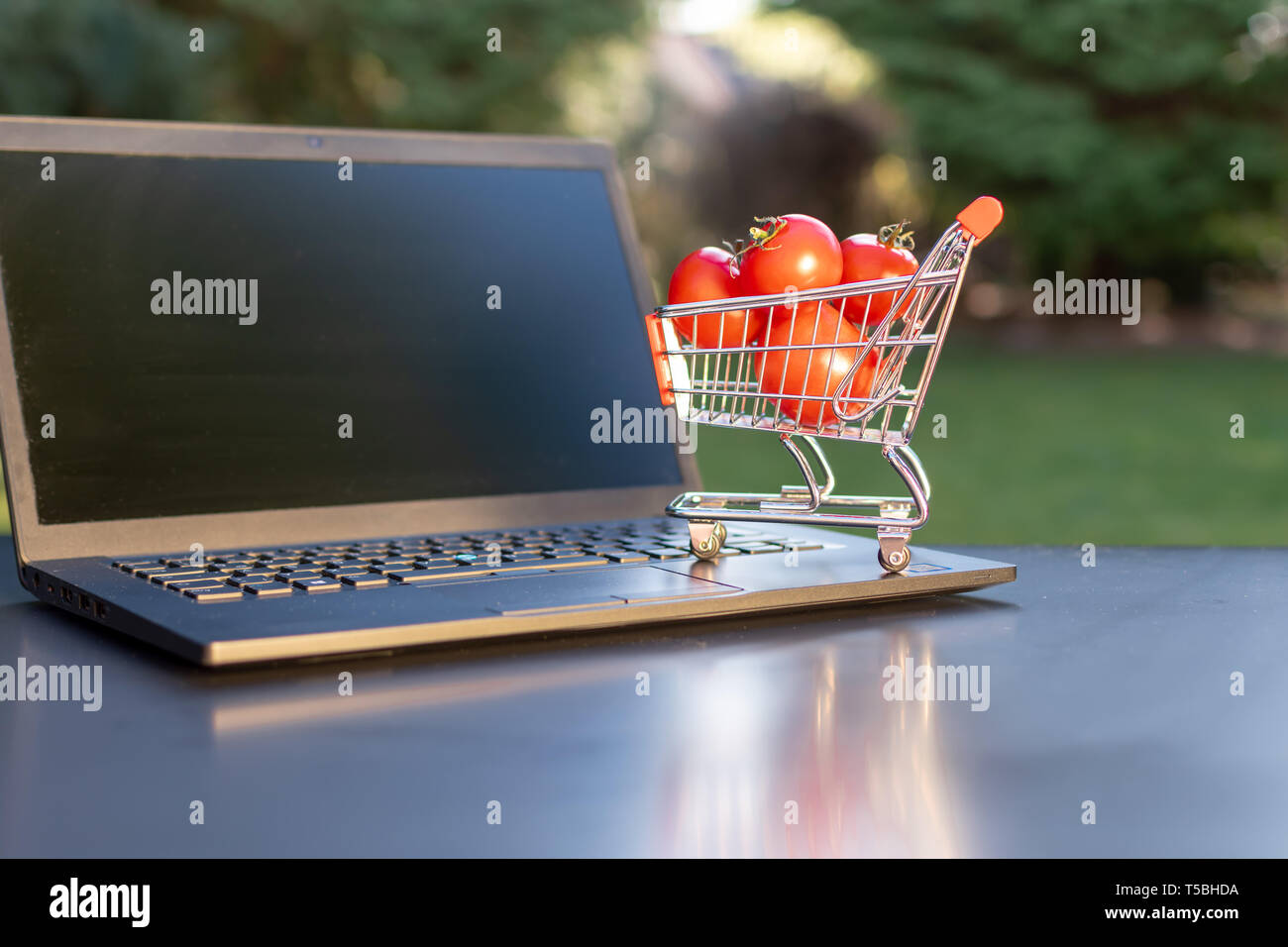 Concetto di on-line negozi di alimentari. Una miniatura del carrello con i pomodori è un permanente di un notebook. Foto Stock