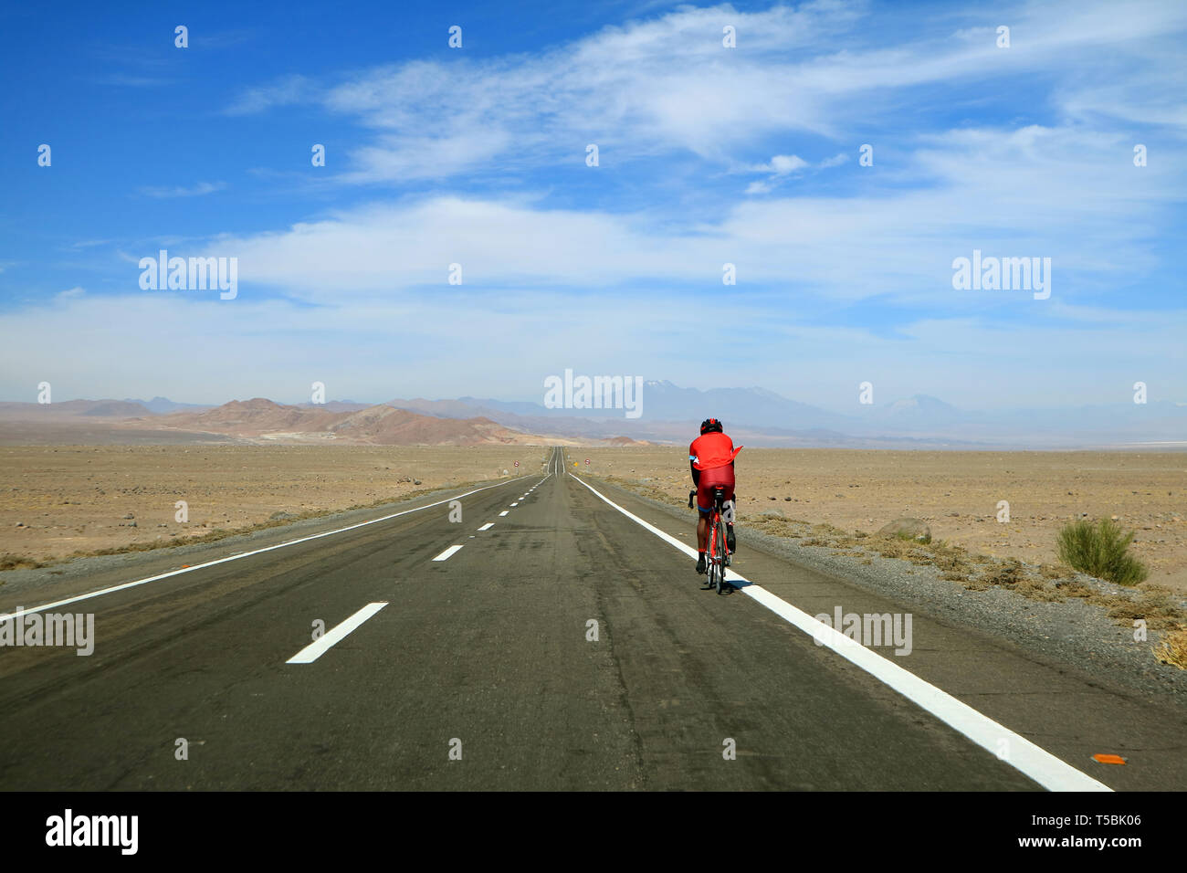 Uomo in bicicletta sulla strada delle highland di deserto di Atacama, Cile settentrionale e America del Sud Foto Stock