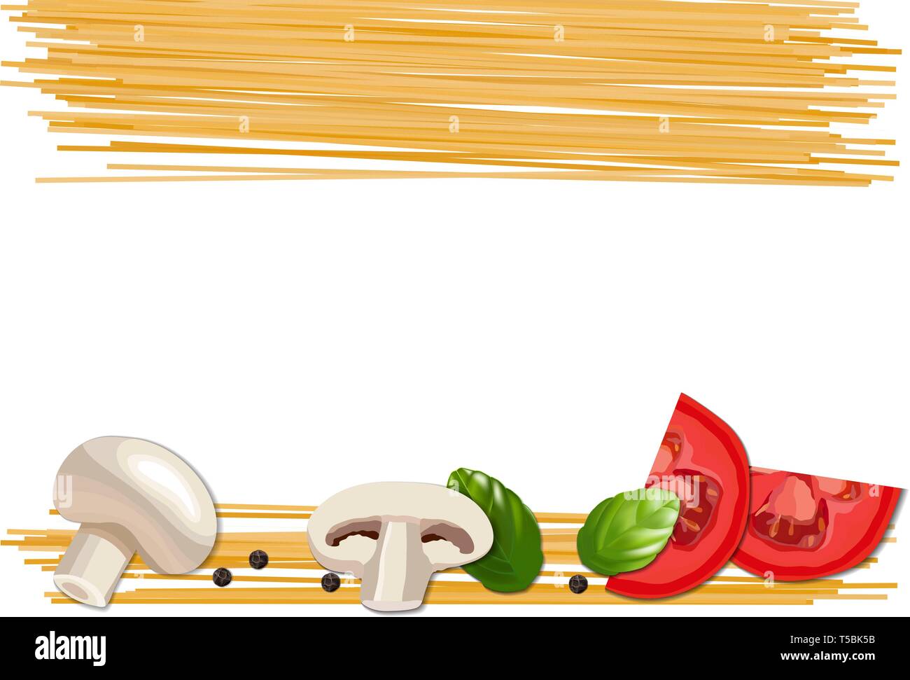 Ingredienti per la pasta di pomodoro, champignon, basilico e pepe su sfondo bianco. Illustrazione Vettoriale