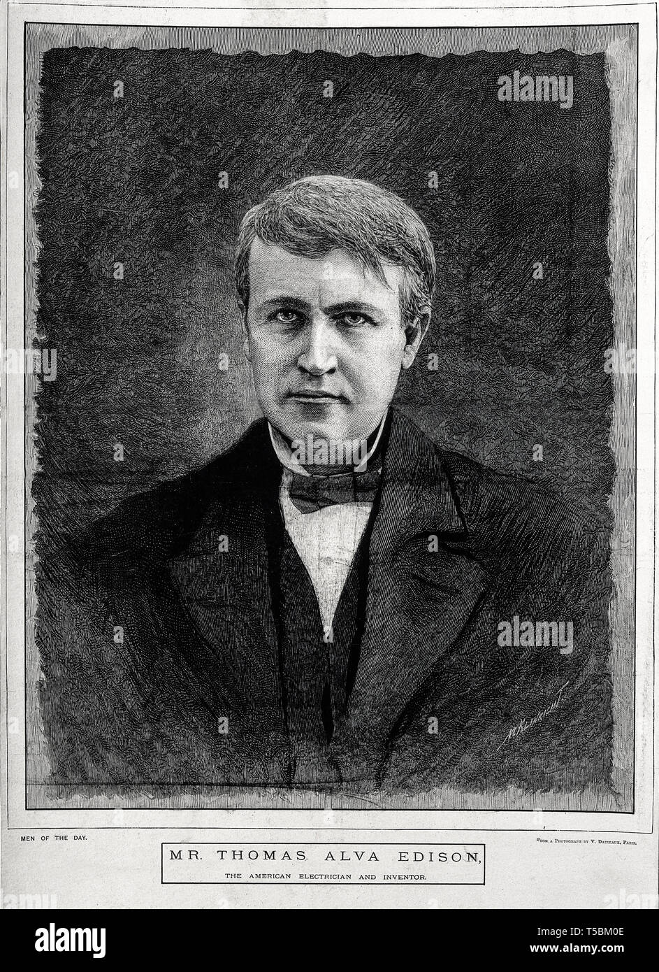 Thomas Alva Edison (1847-1931), ritratto, incisione su legno da M. K. L. Wright dopo V. Daireaux, secolo XIX Foto Stock