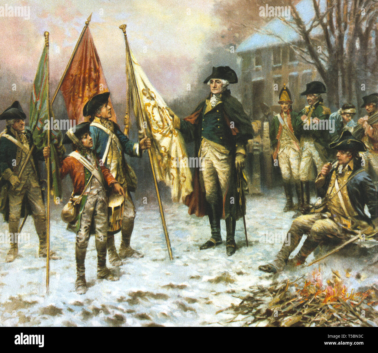 General George Washington in piedi con un gruppo di soldati guardando le bandiere catturate dal britannico durante la Battaglia di Trenton, 1776, litografia da Hayes Litho Co da un dipinto di Percy Moran, 1914 Foto Stock