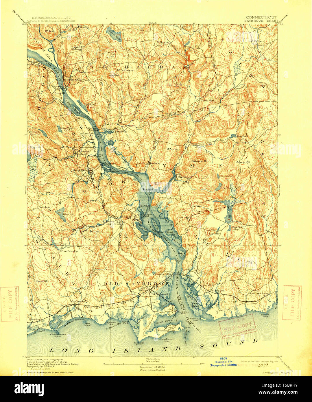 USGS TOPO Map Connecticut CT Saybrook 331164 1893 62500 Restauro Foto Stock