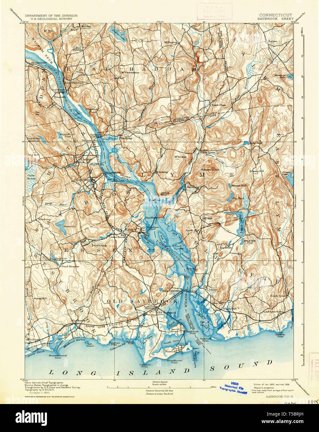 USGS TOPO Map Connecticut CT Saybrook 461212 1893 62500 Restauro Foto Stock