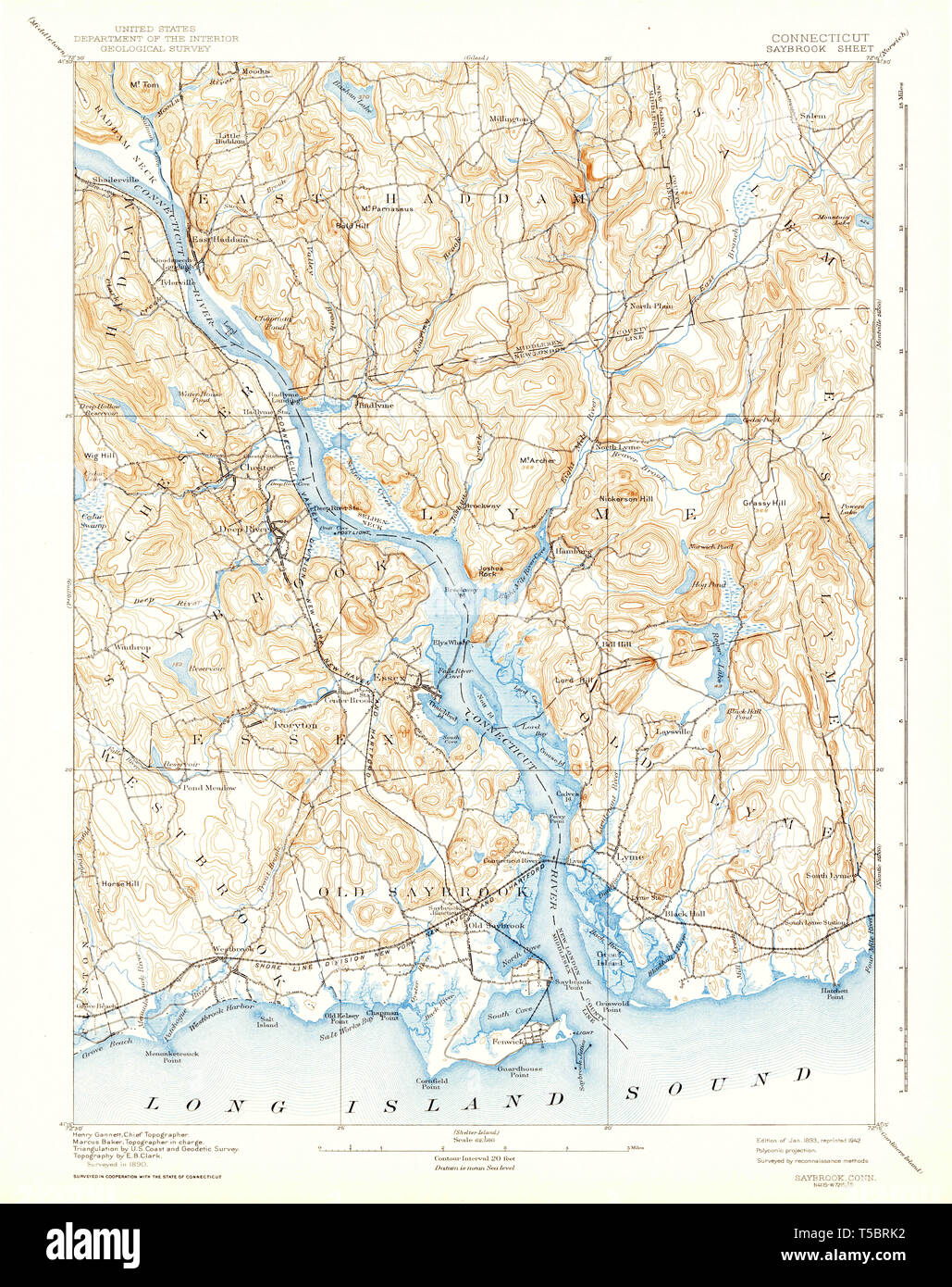 USGS TOPO Map Connecticut CT Saybrook 461213 1893 62500 Restauro Foto Stock