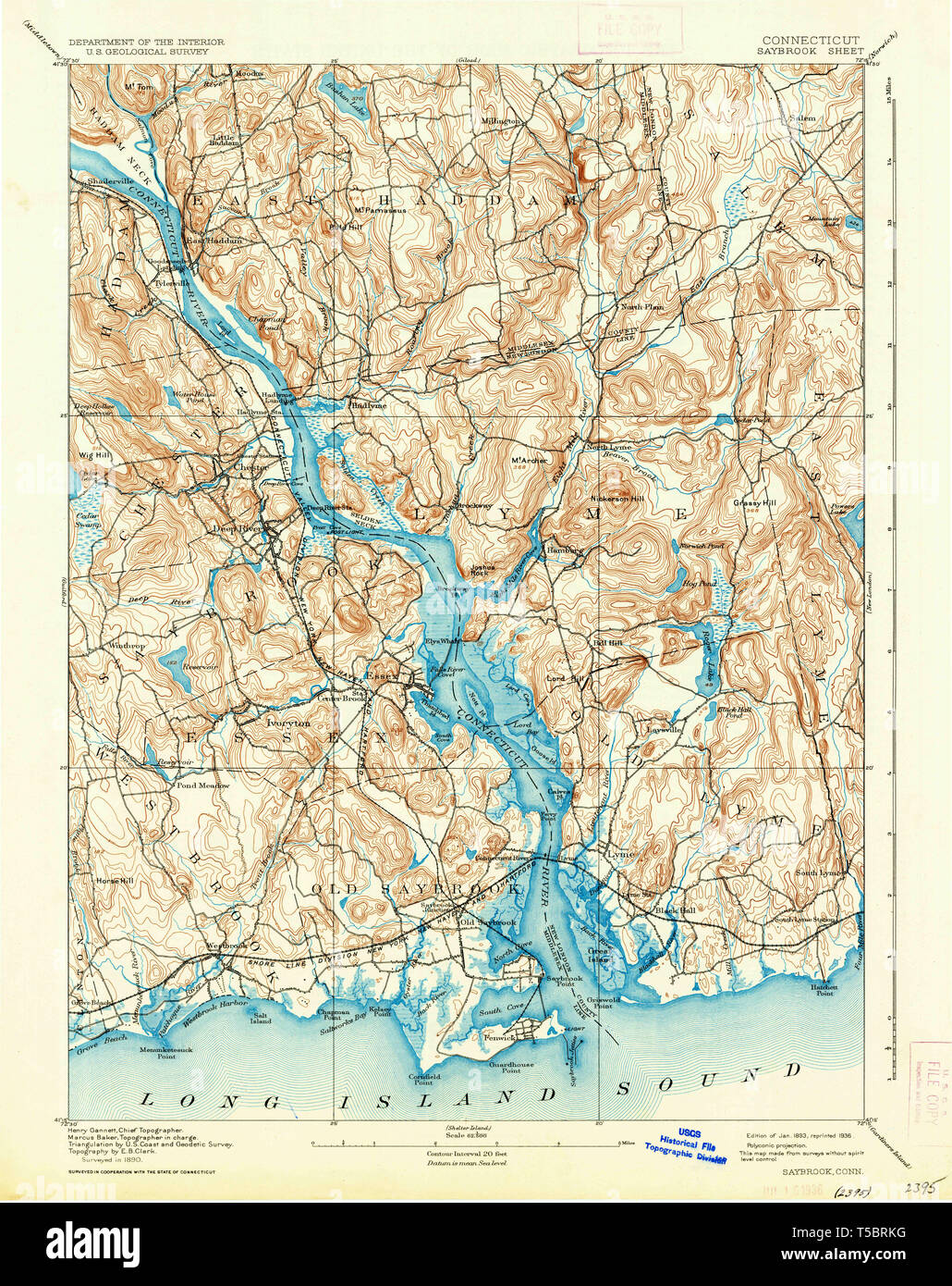USGS TOPO Map Connecticut CT Saybrook 461222 1893 62500 Restauro Foto Stock