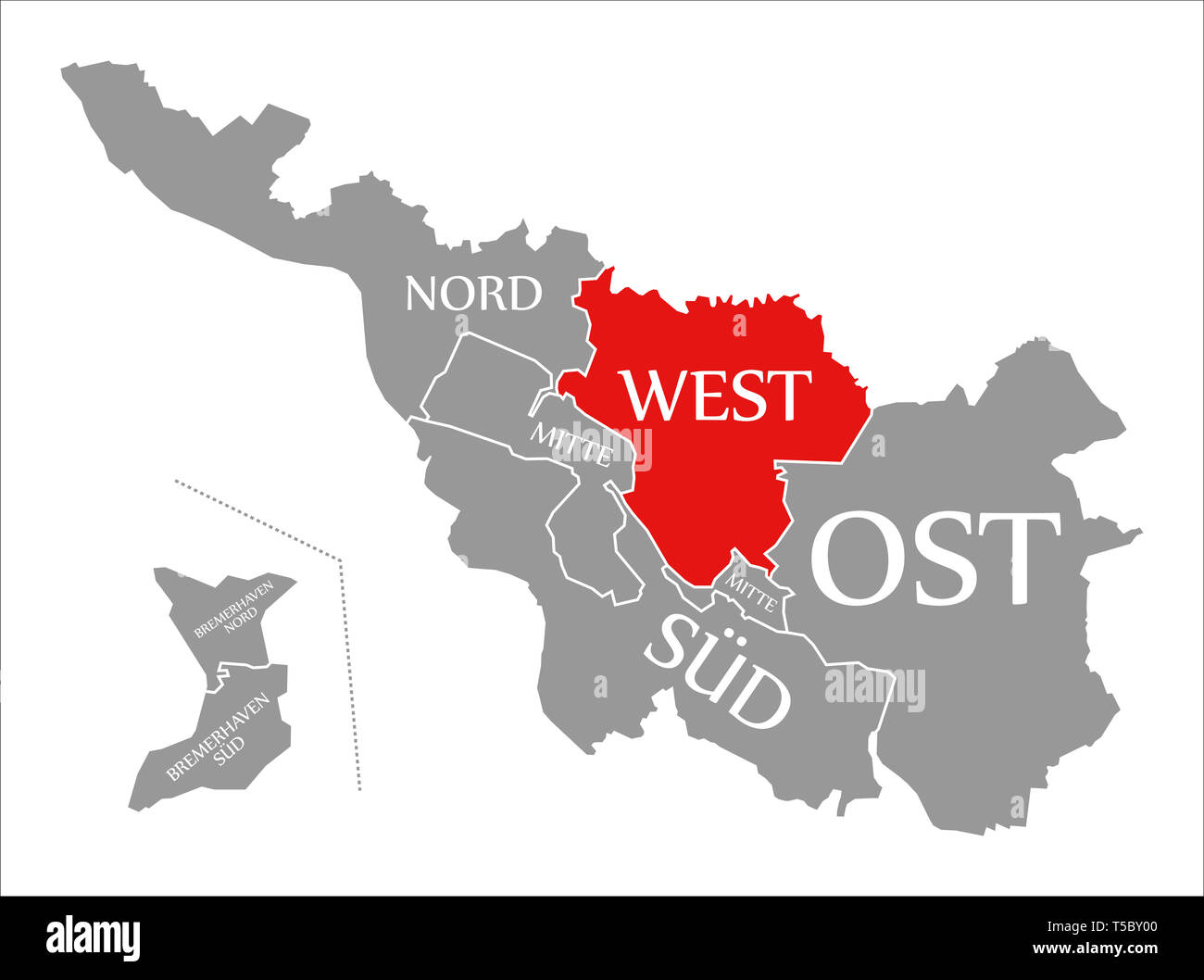 Brema città ad ovest del distretto evidenziati in rosso nella mappa di Brema in Germania Foto Stock