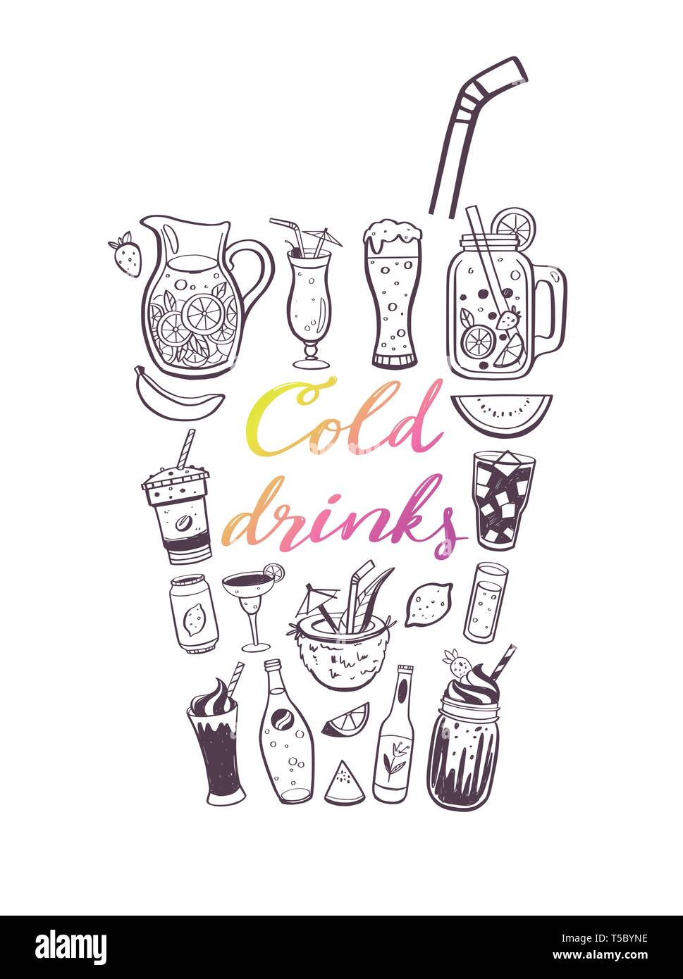 Vettore disegnati a mano illustrazione e calligrafia manoscritta di bevande fredde e bevande in estate. Doodle concettuale di scritte per copertina del menu, ristorante Illustrazione Vettoriale