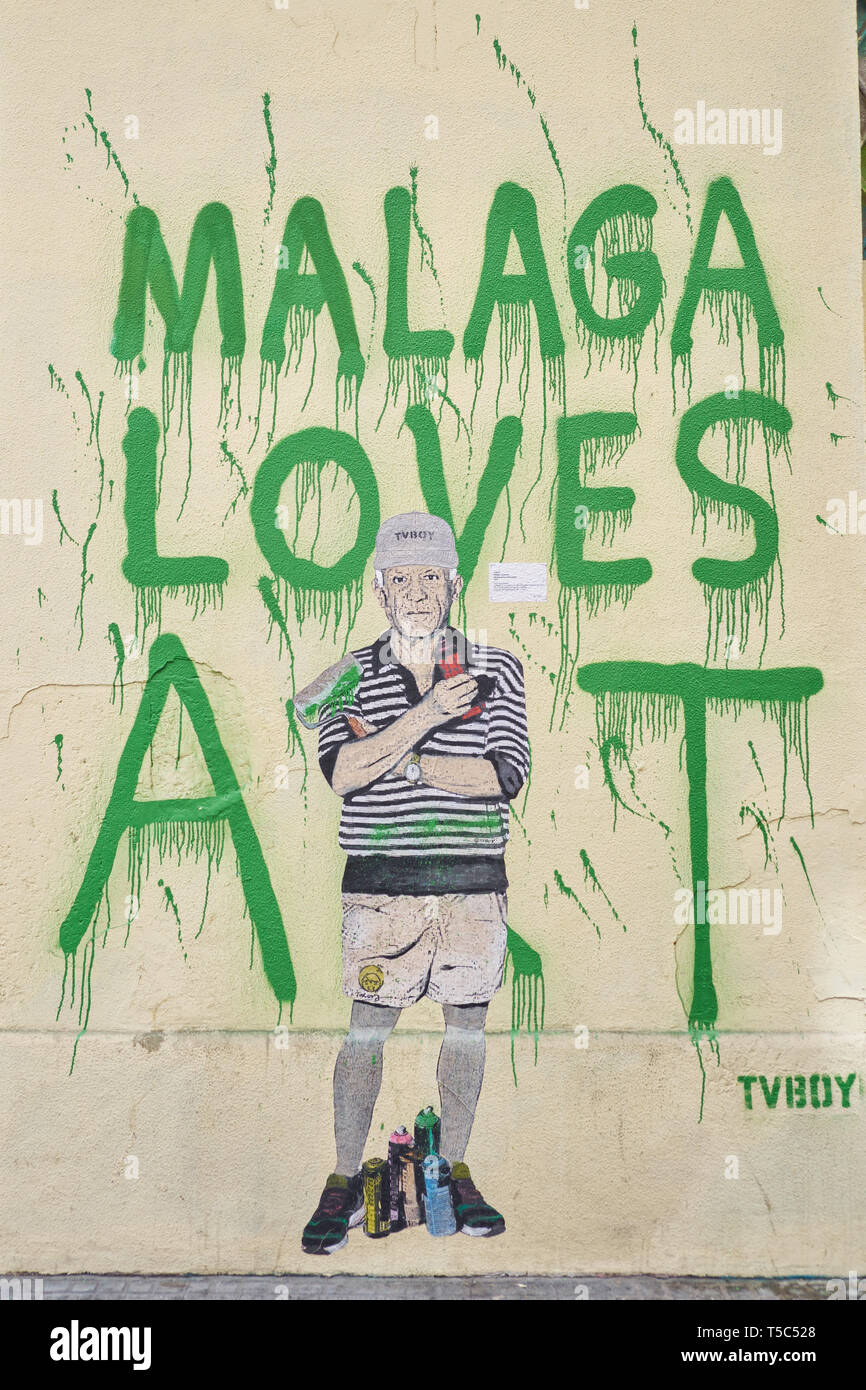 Graffiti di Pablo Picasso a 'Soho'. Quartiere urbano nel centro della città di Malaga, in Andalusia, Spagna. Foto Stock