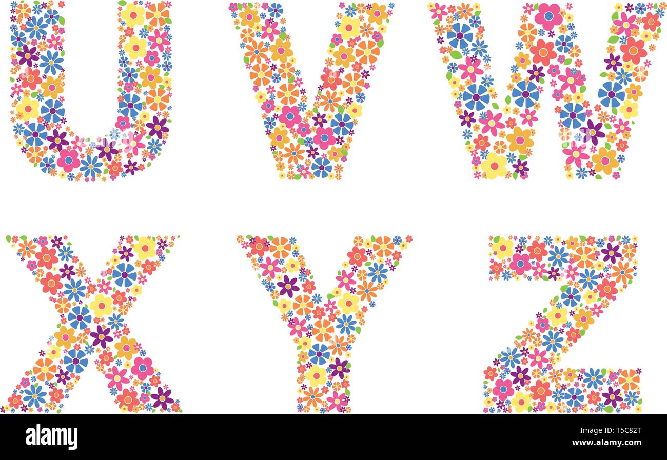 Parte alfabeto, lettere U, V, W, X, Y, Z riempita con una varietà di fiori colorati isolati su sfondo bianco illustrazione vettoriale Illustrazione Vettoriale