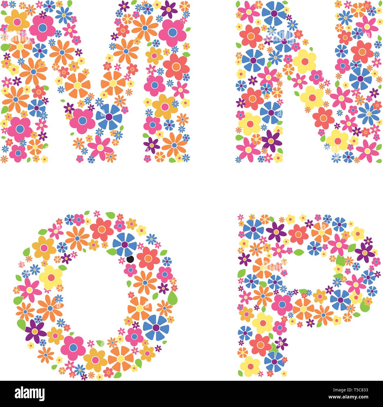 Parte Alfabeto, le lettere M, N, O, P riempita con una varietà di fiori colorati isolati su sfondo bianco illustrazione vettoriale Illustrazione Vettoriale