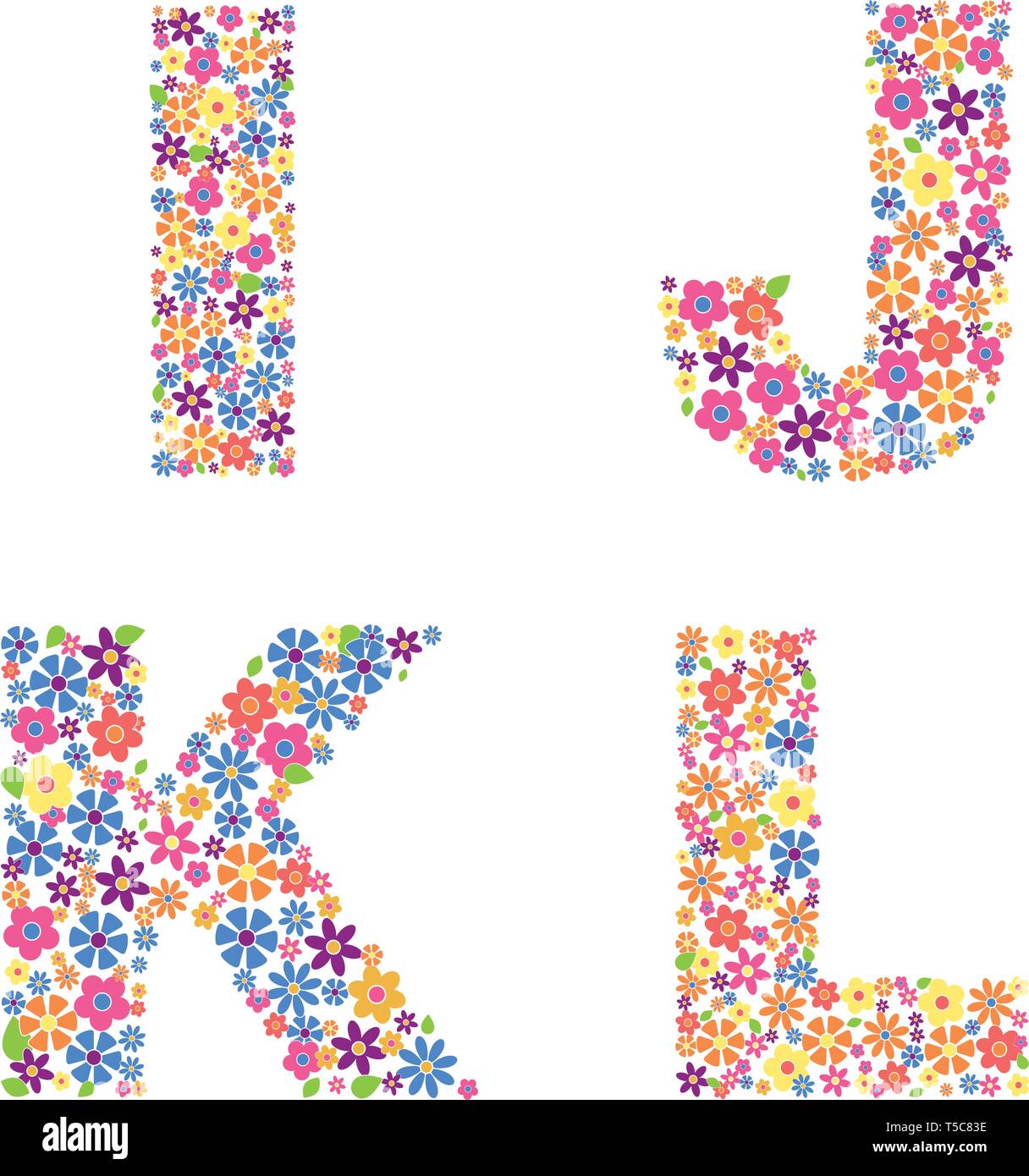 Parte alfabeto, lettere I, J, K, 1 riempito con una varietà di fiori colorati isolati su sfondo bianco illustrazione vettoriale Illustrazione Vettoriale