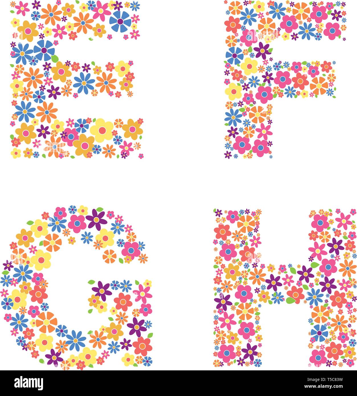 Parte alfabeto, lettere E, F, G, H riempito con una varietà di fiori colorati isolati su sfondo bianco illustrazione vettoriale Illustrazione Vettoriale
