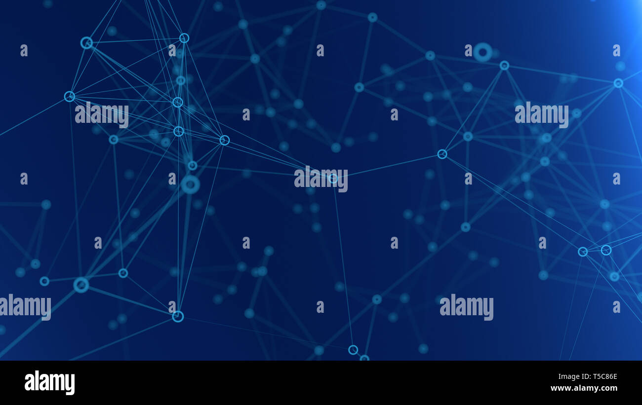 Rete digitale 3D'illustrazione, linee e punti collegati luce blu Foto Stock