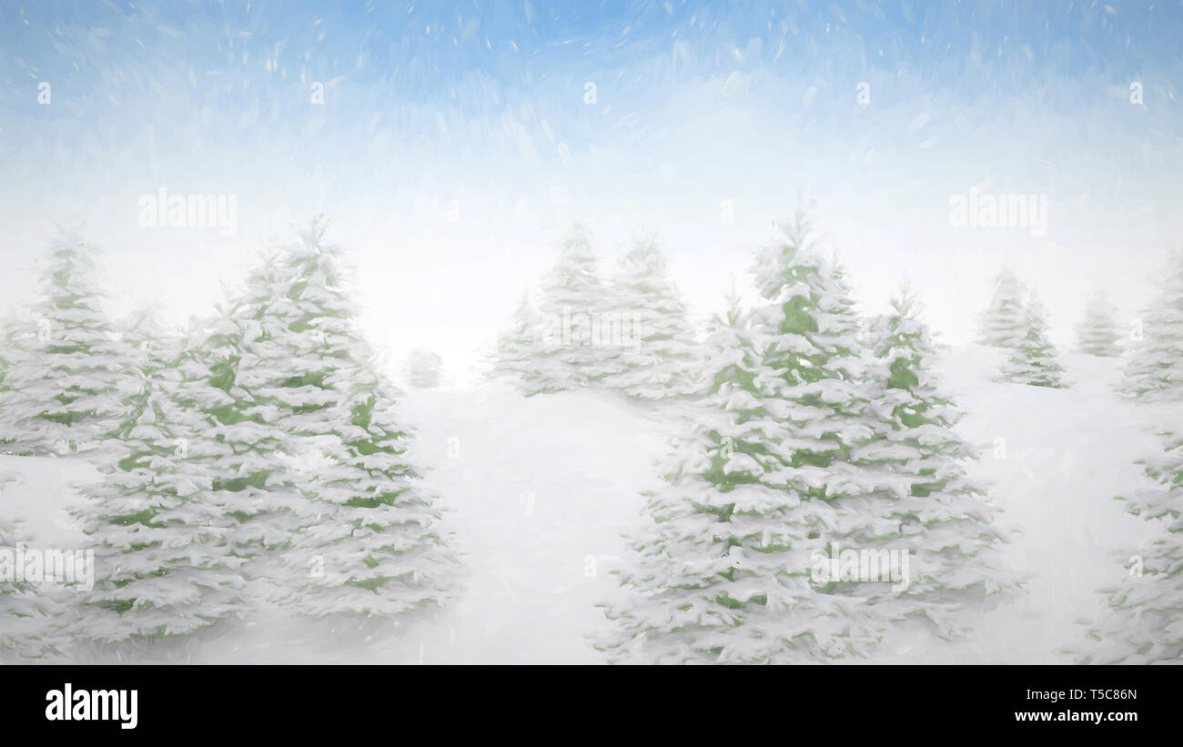 Sfondo di Natale digitale effetto pittura paesaggio invernale paesaggio con la caduta di neve e cielo blu. 3D render Foto Stock