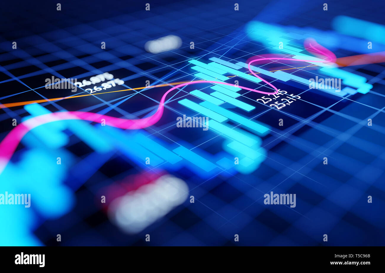 Close up e focalizzato sul mercato azionario investimenti aziendali candelabro grafico - Economia e concetto di trading. 3D'illustrazione. Foto Stock