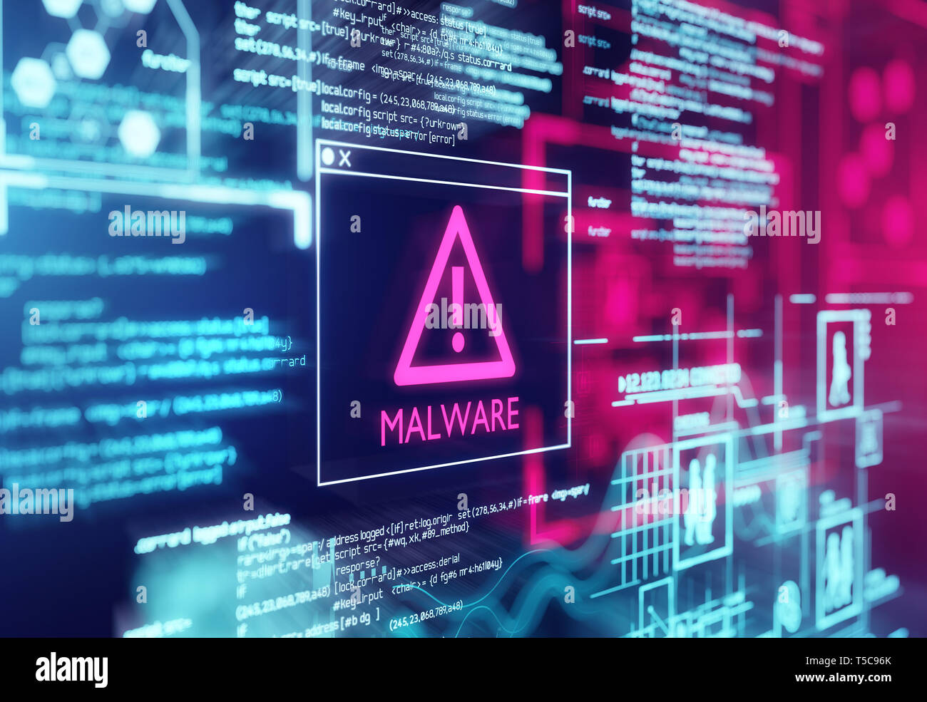 Lo schermo di un computer con il codice di un programma di segnalazione di un malware rilevato il programma di script. 3d illustrazione Foto Stock