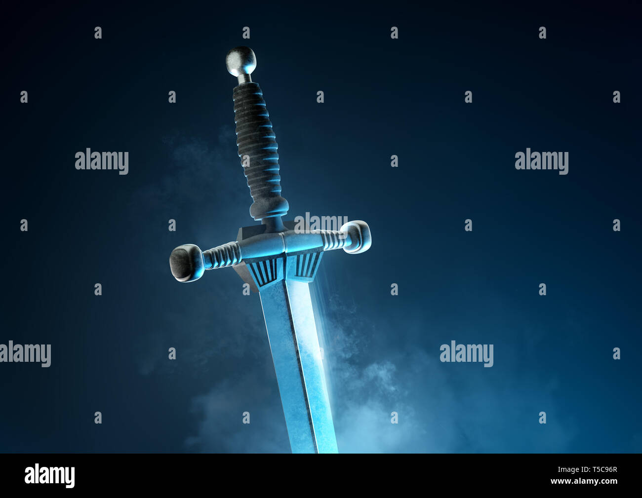 Un potente e mitica antica battaglia argento spada. 3D'illustrazione. Foto Stock